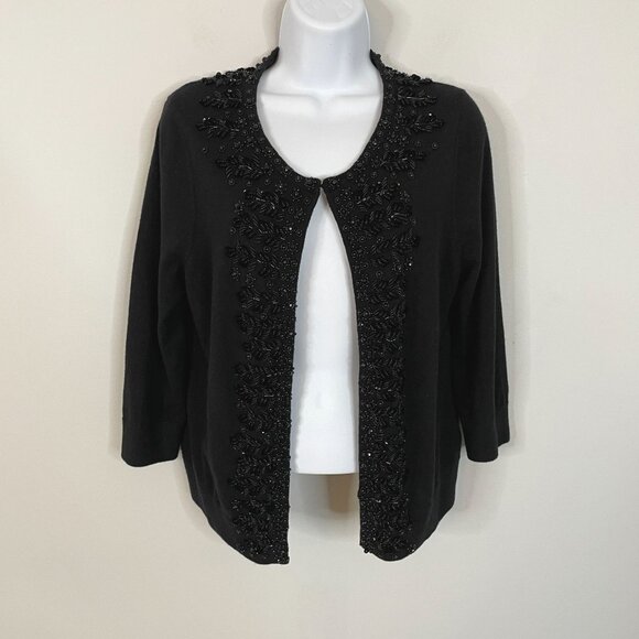 Talbots ORNATE BEADED WOOL Blend Cardigan Sweater Size PL Black Elegant Party - Picture 1 of 14